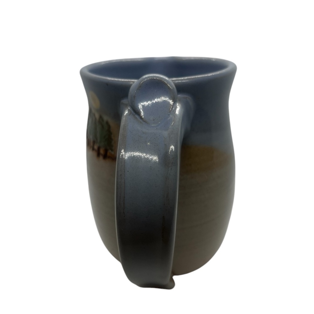Handmade Studio Pottery Creamer Pitcher Blue Tan Woodland Tree Mug Signed‎ 5" - Picture 4 of 6